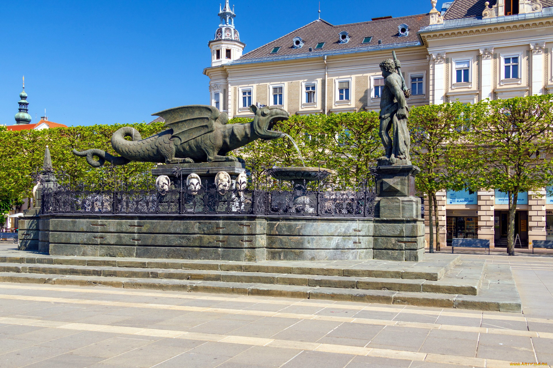 lindwurm fountain, klagenfurt, austria, , - , lindwurm, fountain